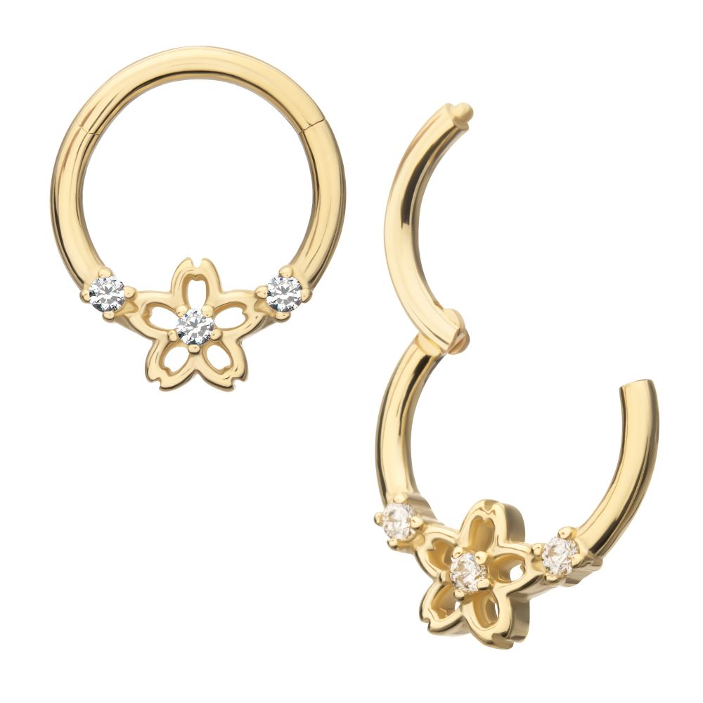 14Kt Yellow Gold Prong Set Gem Cherry Blossom Flower Front Facing Hinged Segment Clicker