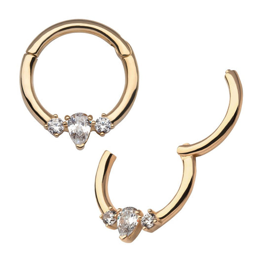 14Kt Yellow Gold with 3-Cluster Prong Set Marquise & Round Clear CZ Front Facing Hinged Segment Clicker