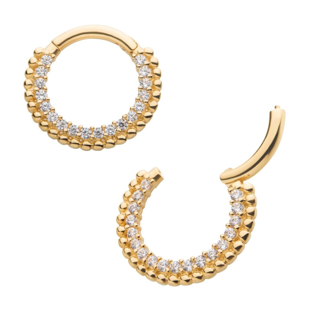 14Kt Yellow Gold with Prong Set Clear CZ Beaded Edge Front Facing Hinged Segment Clicker