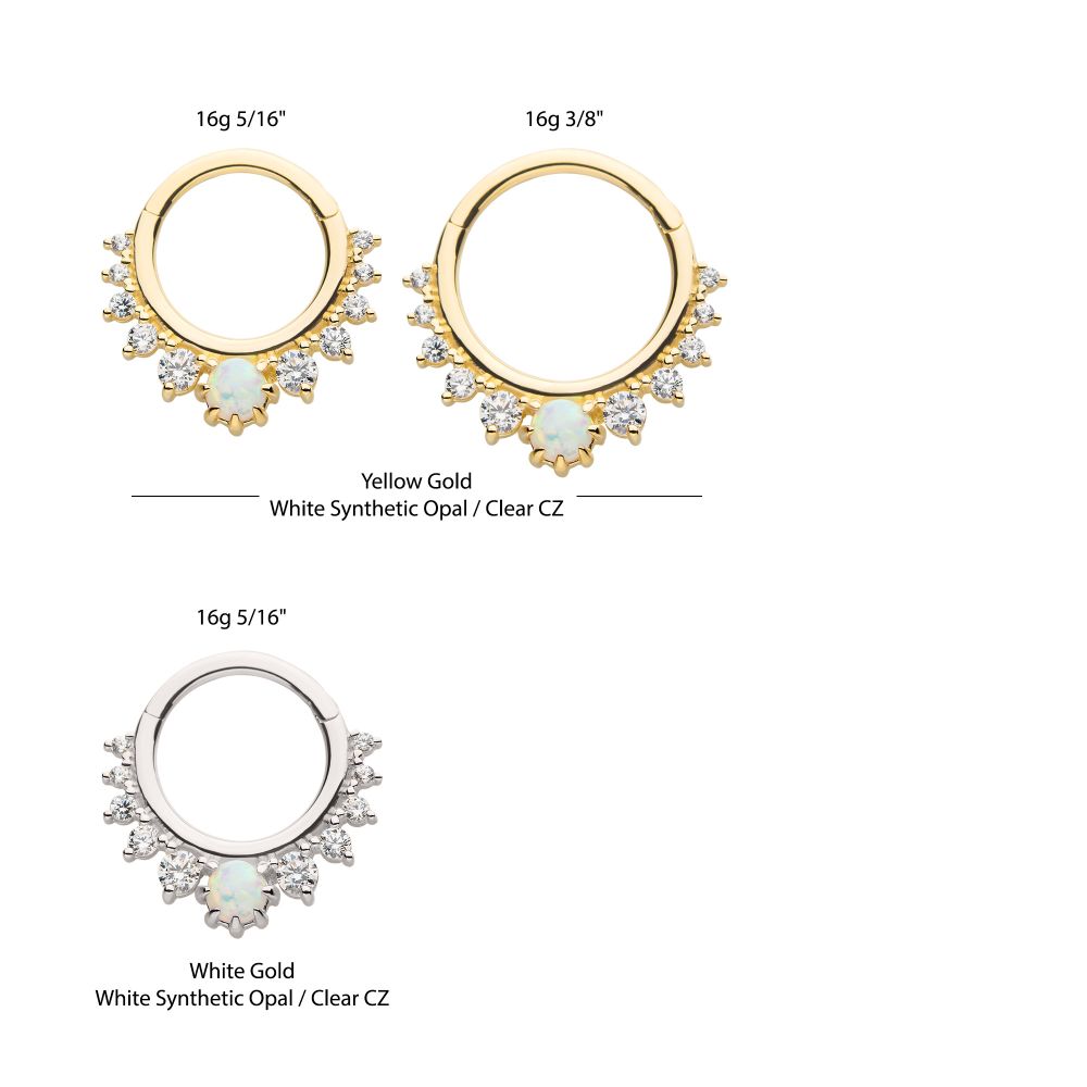 14Kt Gold Prong Set Gem Cluster with 3mm White Opal Front Facing Hinged Segment Clicker