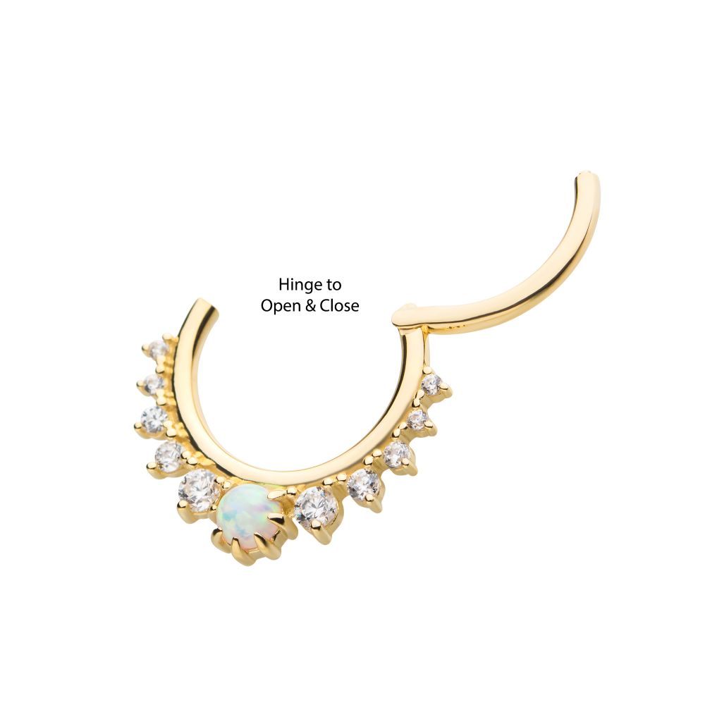 14Kt Gold Prong Set Gem Cluster with 3mm White Opal Front Facing Hinged Segment Clicker