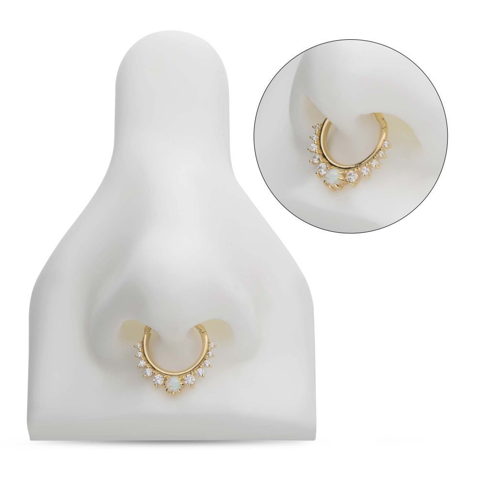 14Kt Gold Prong Set Gem Cluster with 3mm White Opal Front Facing Hinged Segment Clicker