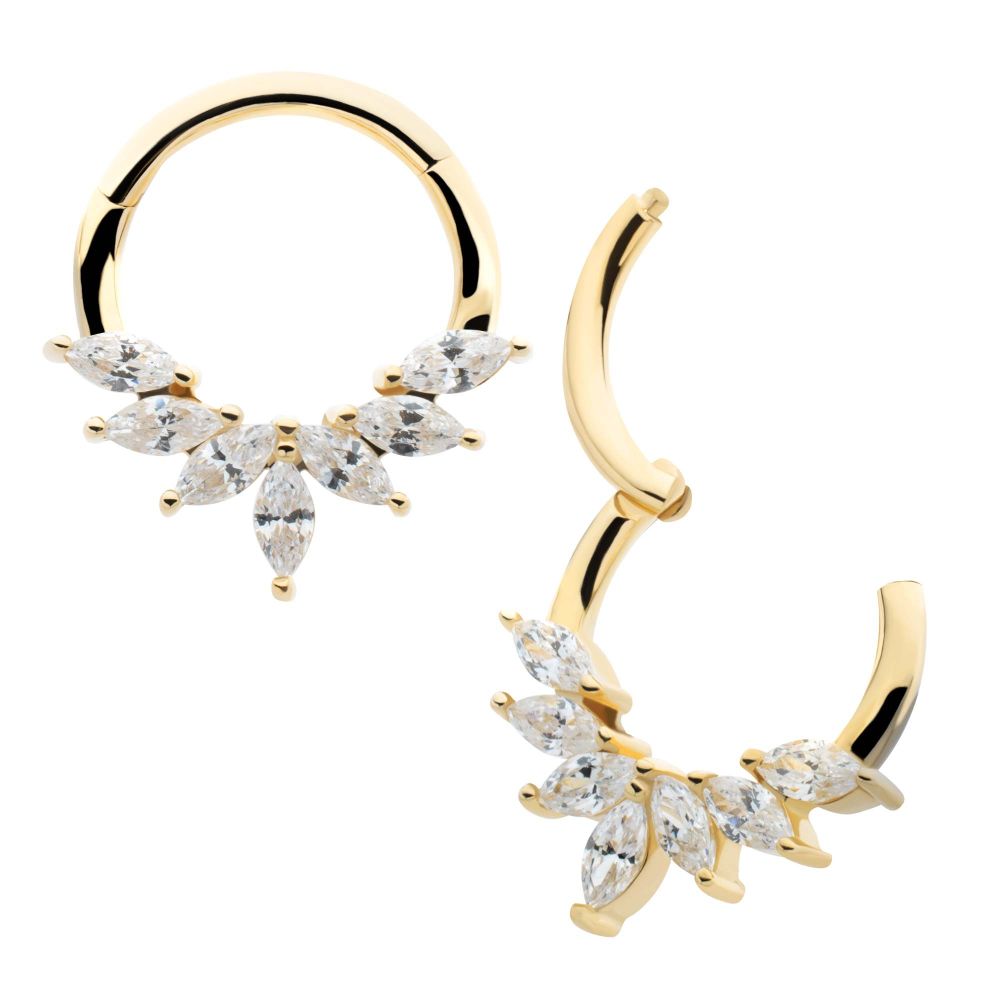 14Kt Yellow Gold Pronged Marquise CZ 7-Cluster Wreath Hinged Segment Clicker