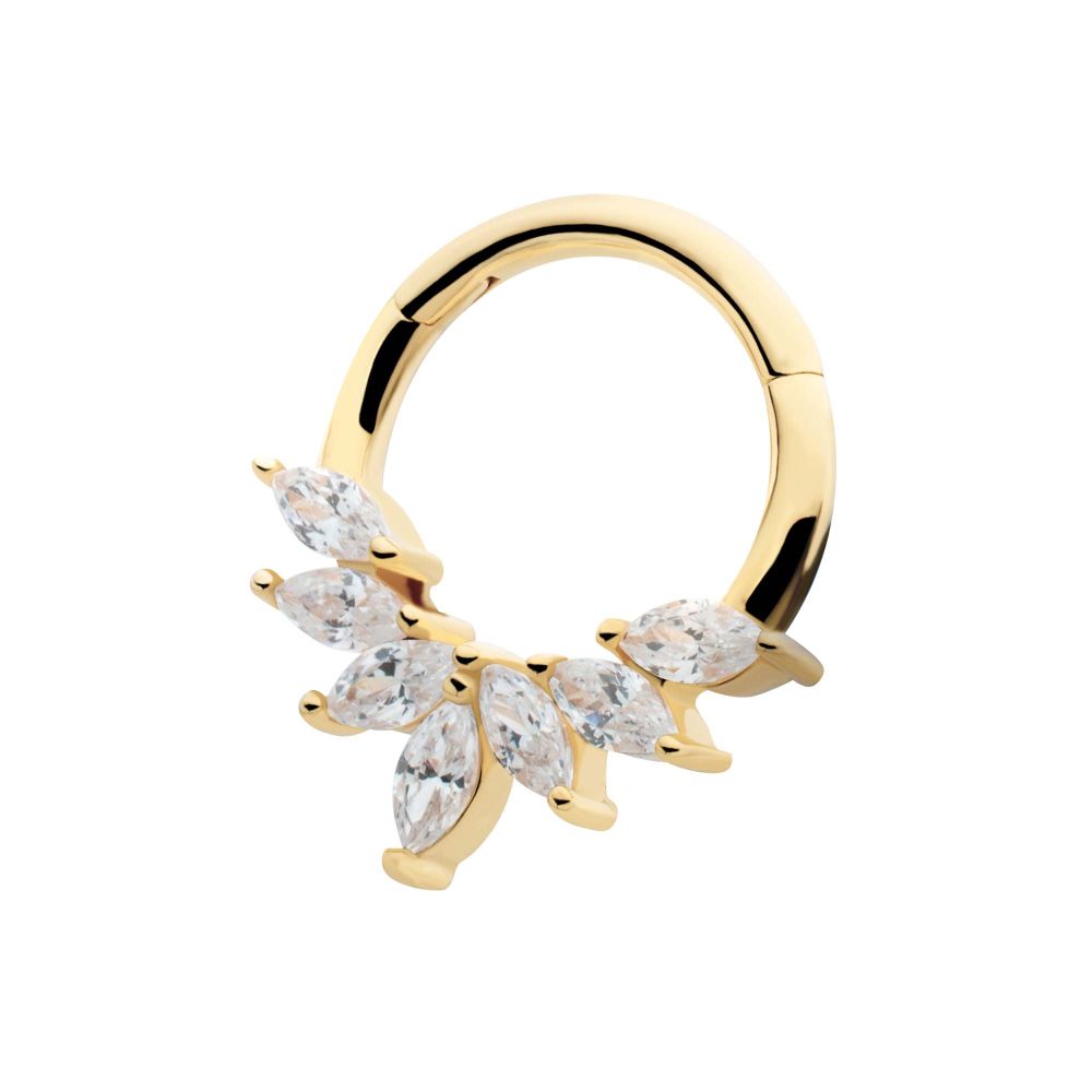 14Kt Yellow Gold Pronged Marquise CZ 7-Cluster Wreath Hinged Segment Clicker