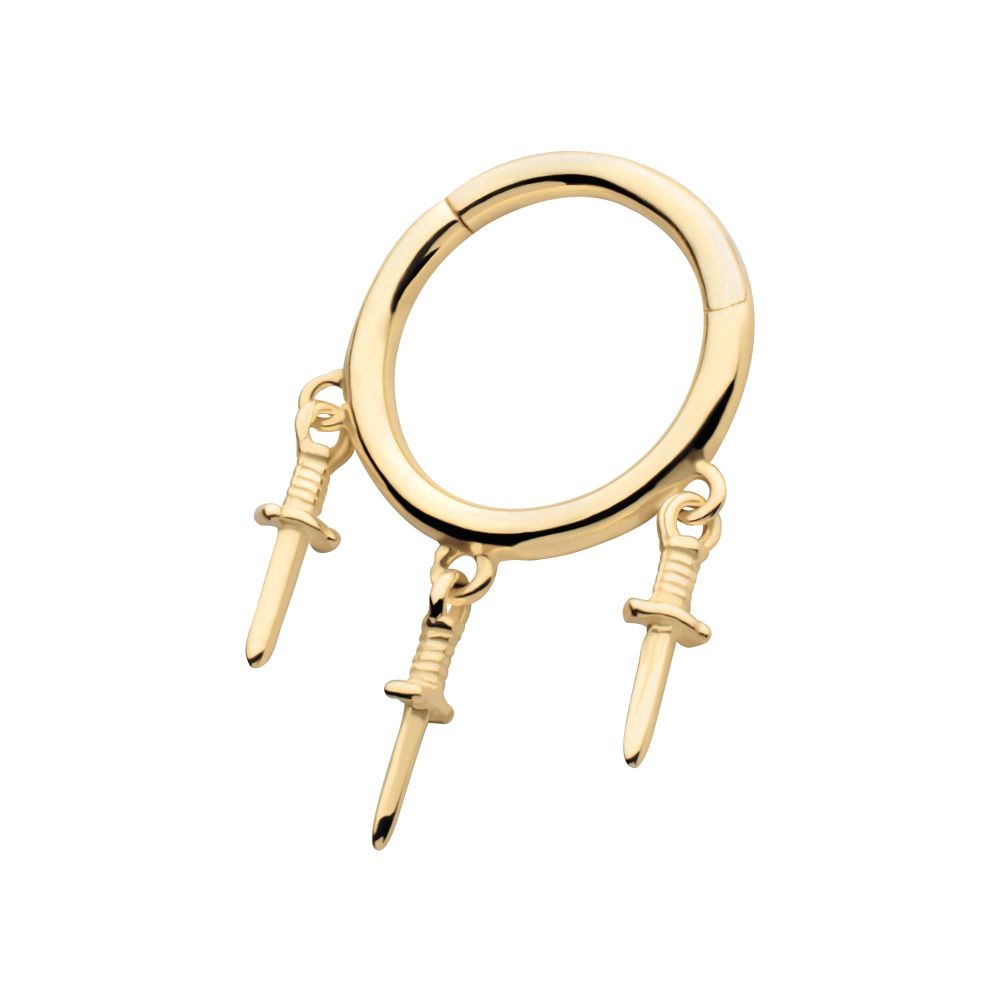 14Kt Yellow Gold Triple Dagger Dangle Charm Hinged Segment Clicker