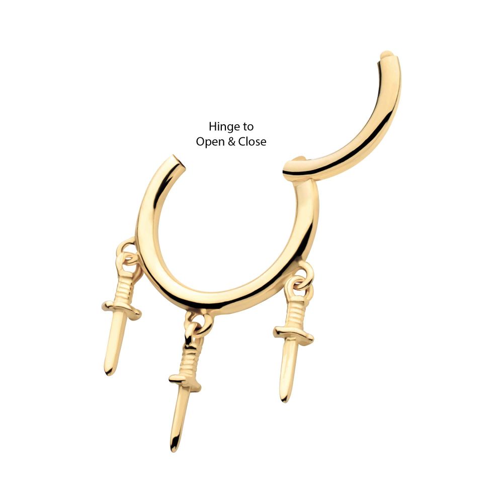 14Kt Yellow Gold Triple Dagger Dangle Charm Hinged Segment Clicker