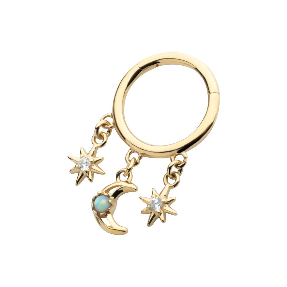 14Kt Yellow Gold Triple Dangle Charm Clear CZ Stars & Opal Crescent Moon Hinged Segment Clicker