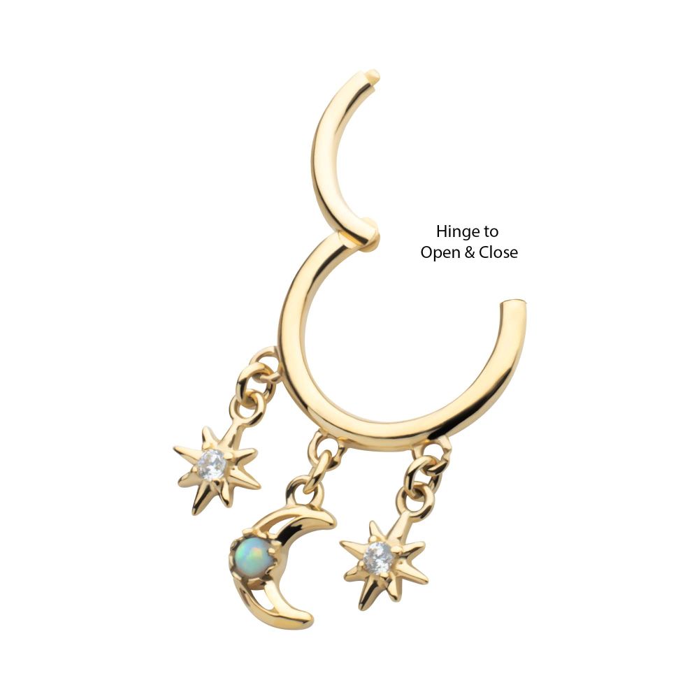 14Kt Yellow Gold Triple Dangle Charm Clear CZ Stars & Opal Crescent Moon Hinged Segment Clicker
