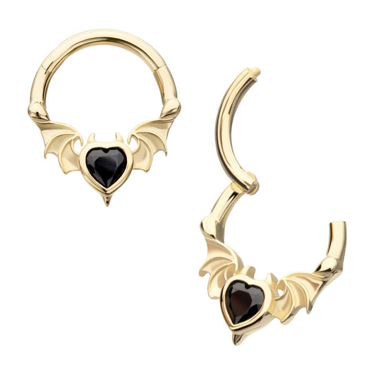 14Kt Yellow Gold Carved Bat Wings with Devil Heart Bezel Gem Front Facing Hinged Segment Clicker