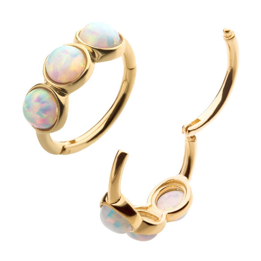 14Kt Gold 3-Bezel Set Clustered White Opal Side Facing Hinged Segment Clicker