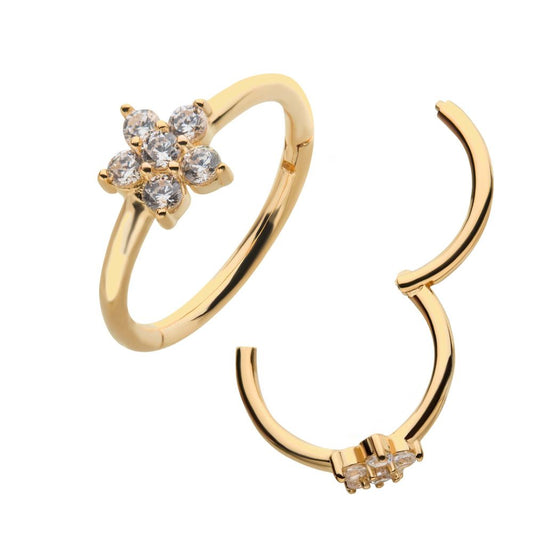 14Kt Gold with Centerpiece Prong Set Clear CZ Flower Side Facing Hinged Segment Clicker