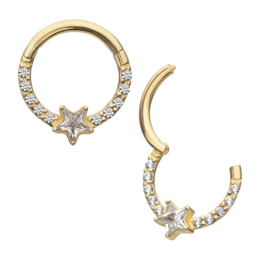14Kt Gold 1mm CNC Set Gem Cluster with 3mm Star Gem Front Facing Hinged Segment Clicker