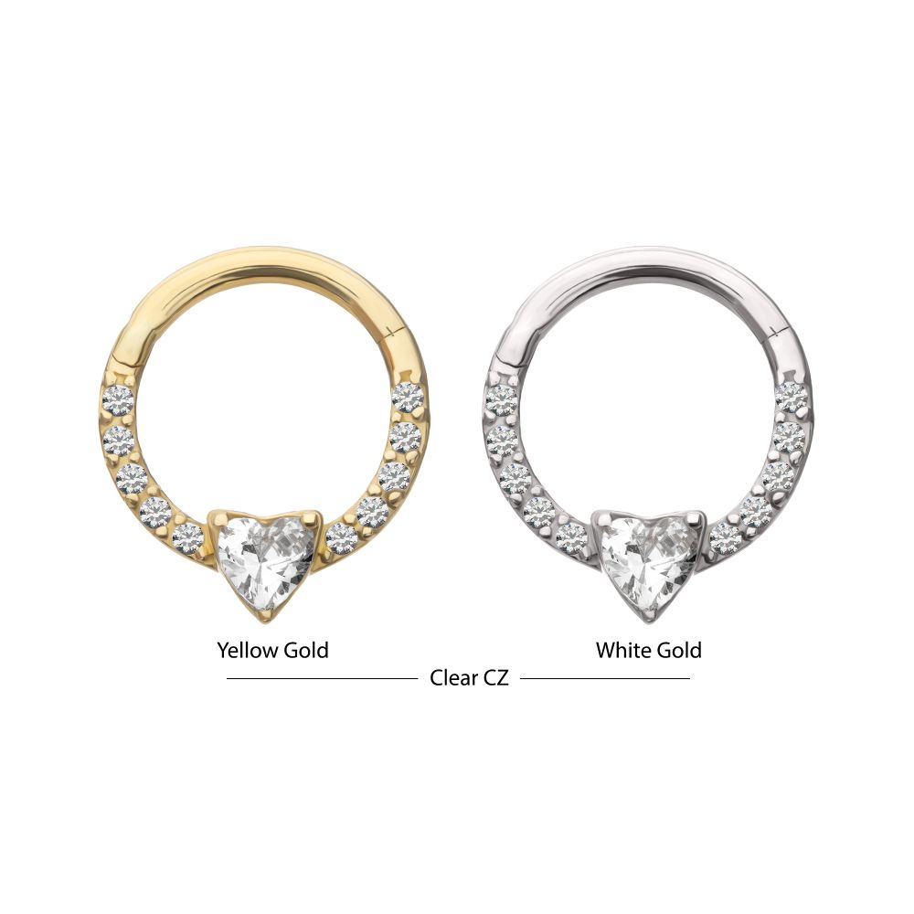 14Kt Gold 3mm Prong Set Heart with 1mm CNC Set Round Gem Front Facing Hinged Segment Clicker
