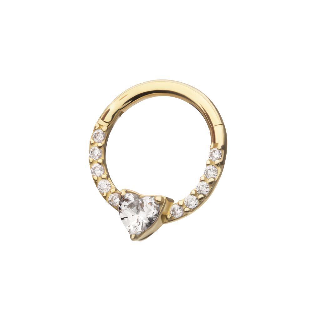 14Kt Gold 3mm Prong Set Heart with 1mm CNC Set Round Gem Front Facing Hinged Segment Clicker