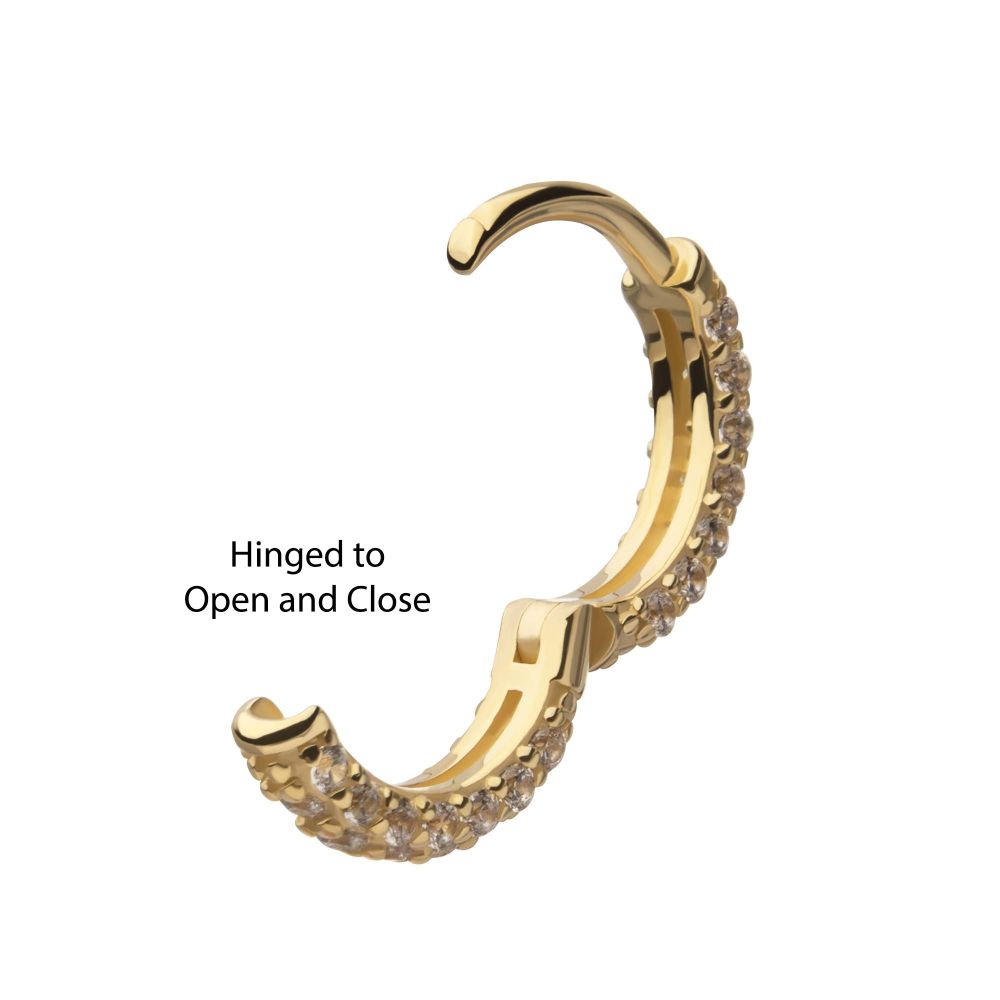 14Kt Yellow Gold 3 Row Pave Set Gem Hinged Hoop Huggie Earrings