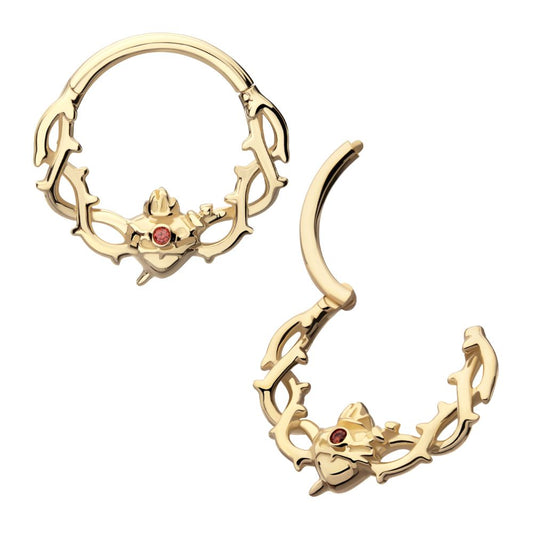 14kt Yellow Gold Prong Set Triple Rose with Prong Set Round Garnet Gem Front Facing Hinged Segment Clicker