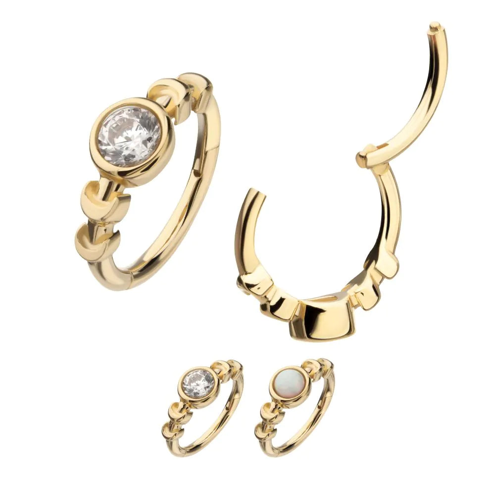 14Kt Yellow Gold Bezel Set 3mm Round Gem/Opal Moon Phase Side Facing Hinged Segment Clicker