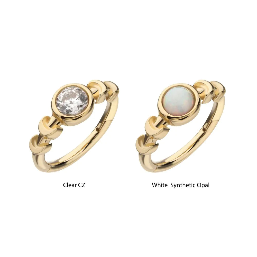 14Kt Yellow Gold Bezel Set 3mm Round Gem/Opal Moon Phase Side Facing Hinged Segment Clicker
