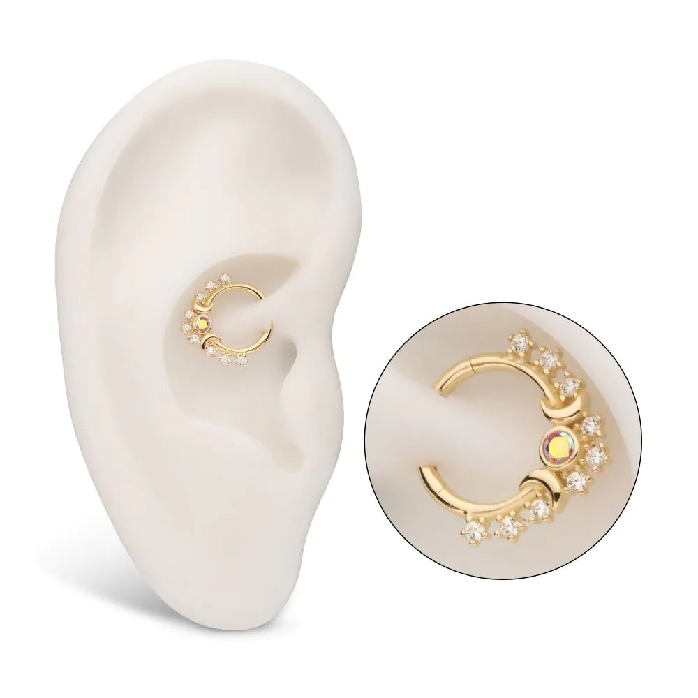 14Kt Yellow Gold Prong Set Round Gem Cluster & Triple Moon Phase Front Facing Hinged Segment Clicker