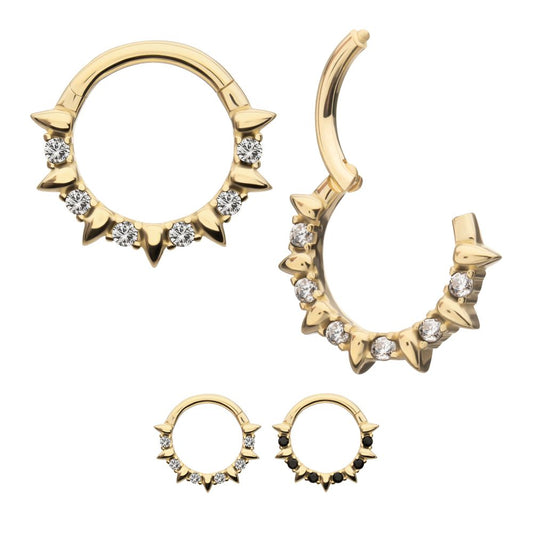 14Kt Yellow Gold Alternating Spike & Prong Set Round Gem Front Facing Hinged Segment Clicker