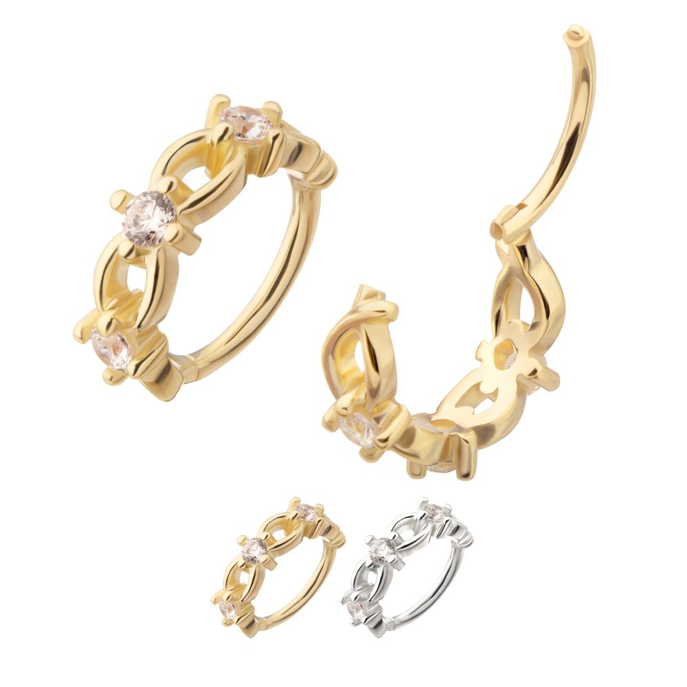 14Kt Gold Braided Design Side Facing Hinged Segment Clicker with Prong Set Gem