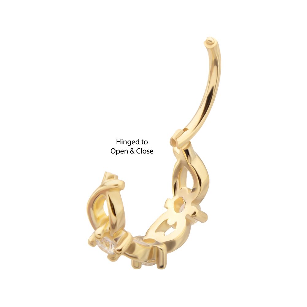 14Kt Gold Braided Design Side Facing Hinged Segment Clicker with Prong Set Gem