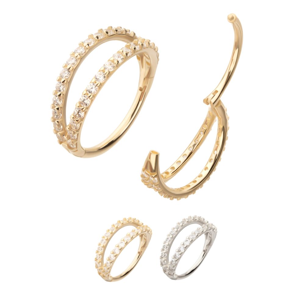 14Kt Gold Double Hoop with CNC Set Full Gem Side Facing Hinged Segment Clicker