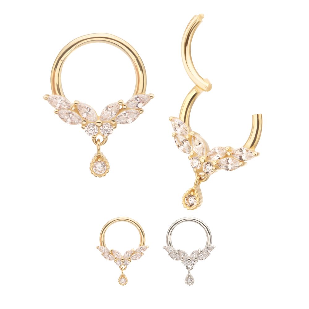 14Kt Gold Marquise Cluster Butterfly with Gem Dangle Front Facing Hinged Segment Clicker