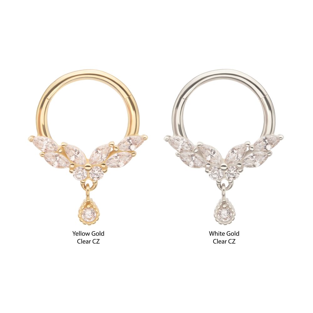 14Kt Gold Marquise Cluster Butterfly with Gem Dangle Front Facing Hinged Segment Clicker