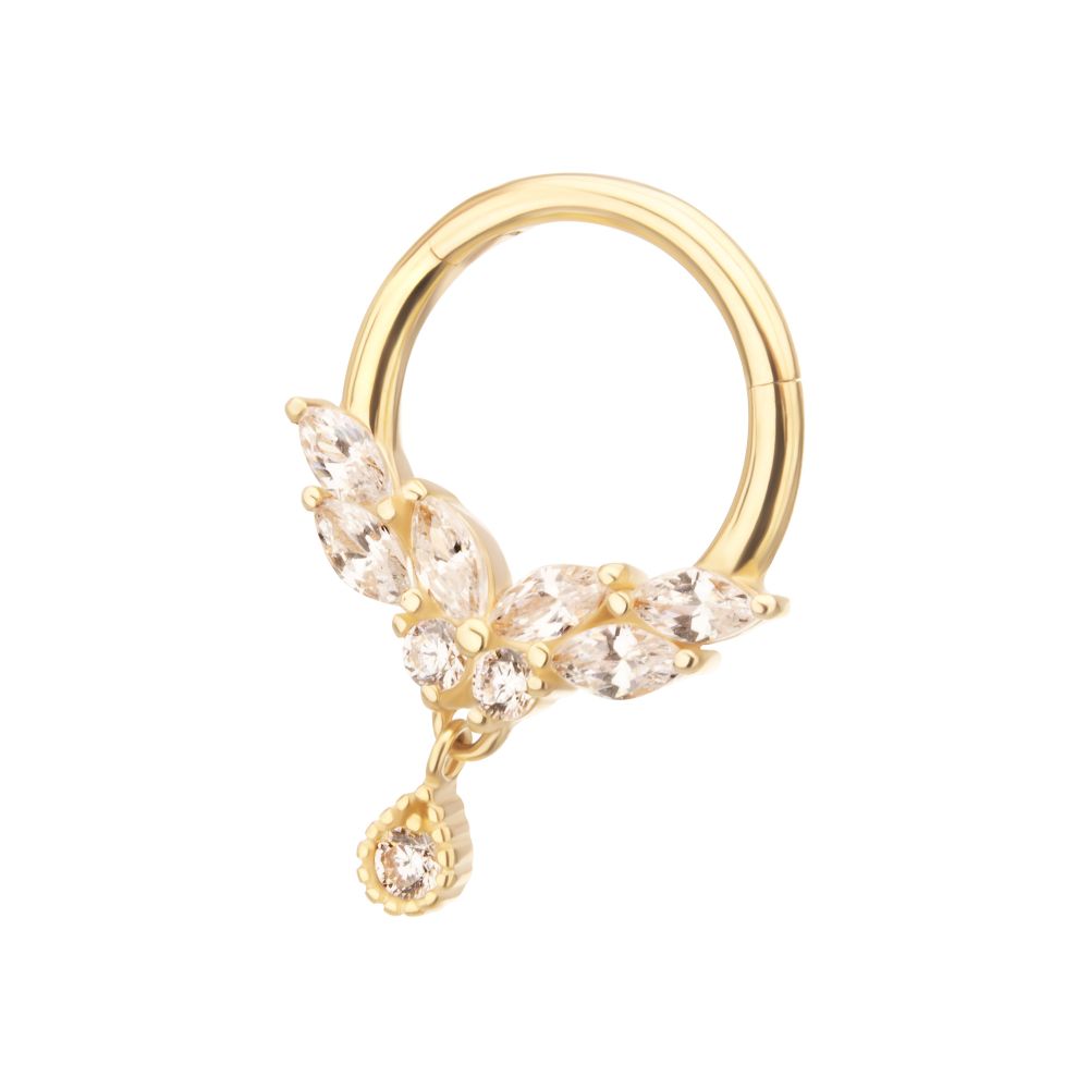 14Kt Gold Marquise Cluster Butterfly with Gem Dangle Front Facing Hinged Segment Clicker