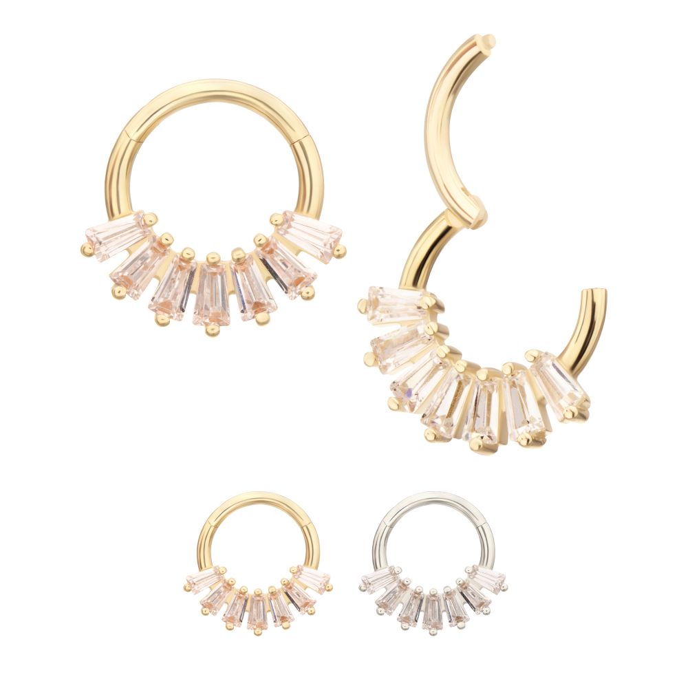 14Kt Gold 7-Cluster Baguette Prong Gem Front Facing Hinged Segment Clicker