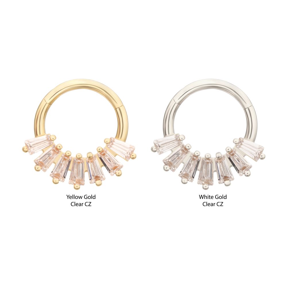 14Kt Gold 7-Cluster Baguette Prong Gem Front Facing Hinged Segment Clicker