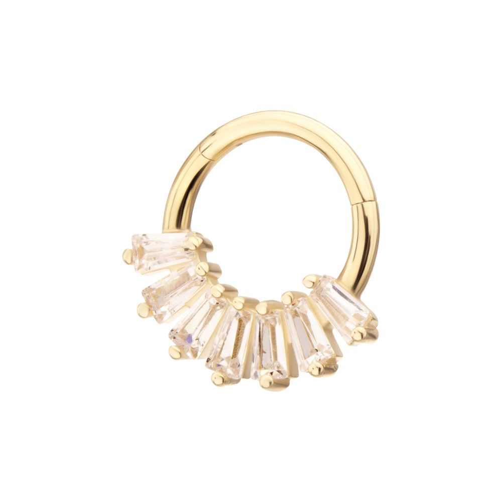 14Kt Gold 7-Cluster Baguette Prong Gem Front Facing Hinged Segment Clicker