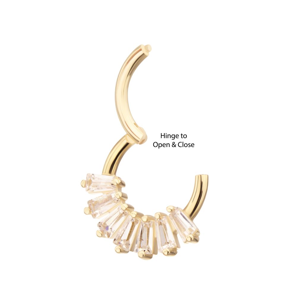 14Kt Gold 7-Cluster Baguette Prong Gem Front Facing Hinged Segment Clicker