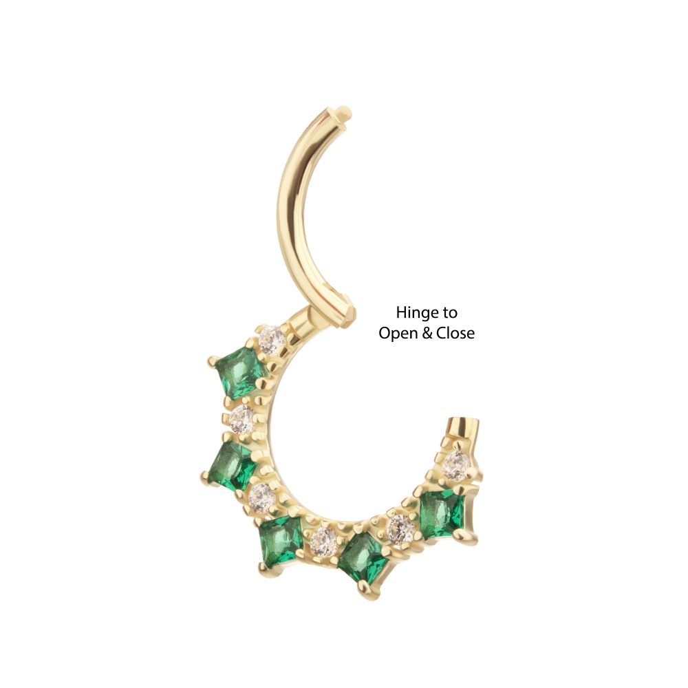 14Kt Gold Alternating Round & Princess Cut Prong Set Gem Front Facing Hinged Segment Clicker