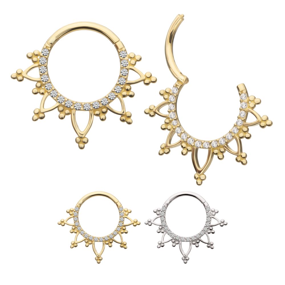 14Kt Gold Beaded Edge with 1mm CNC Set Round Gem Front Facing Hinged Segment Clicker