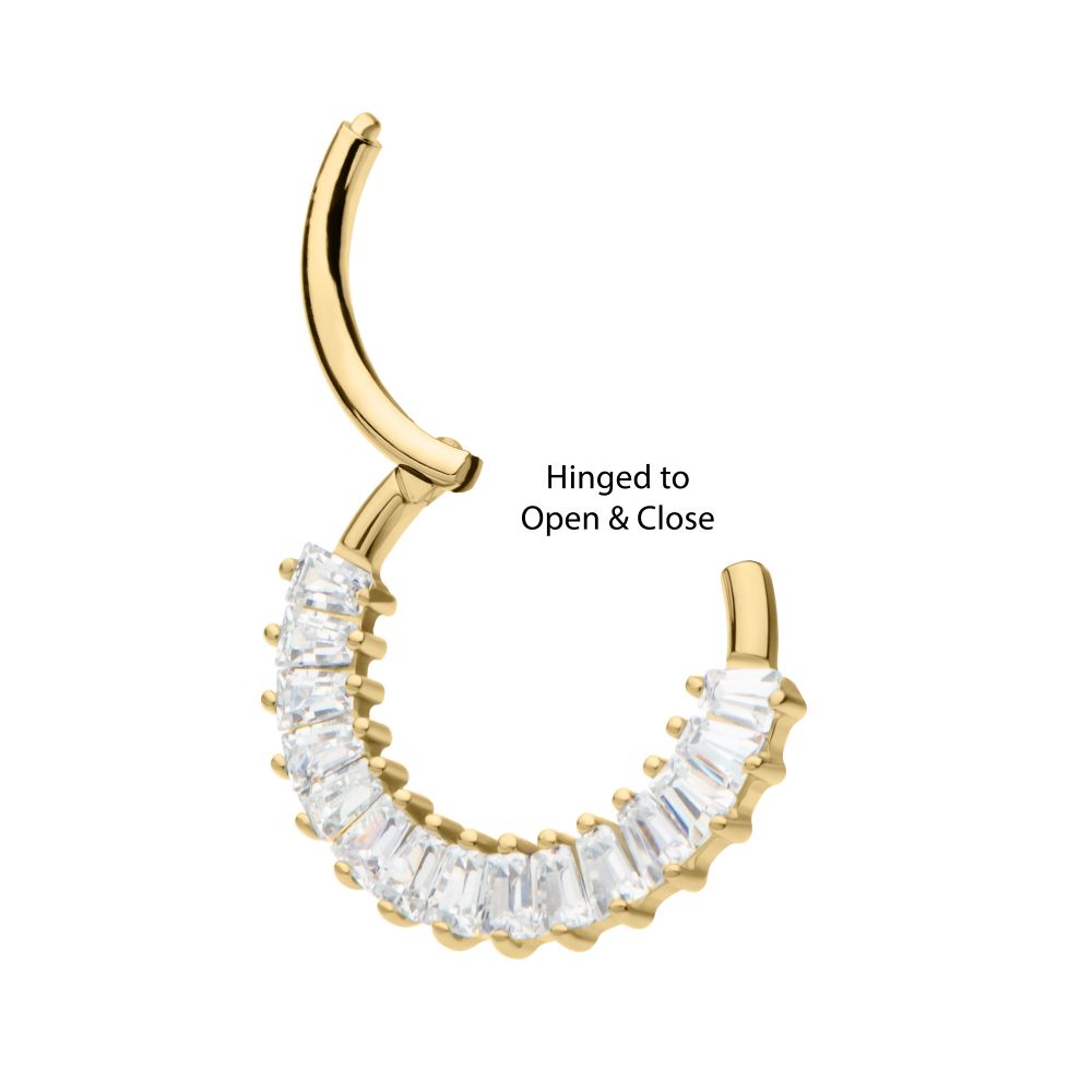 14kt Gold Prong Set Baguette Gem Cluster Front Facing Hinged Segment Clicker