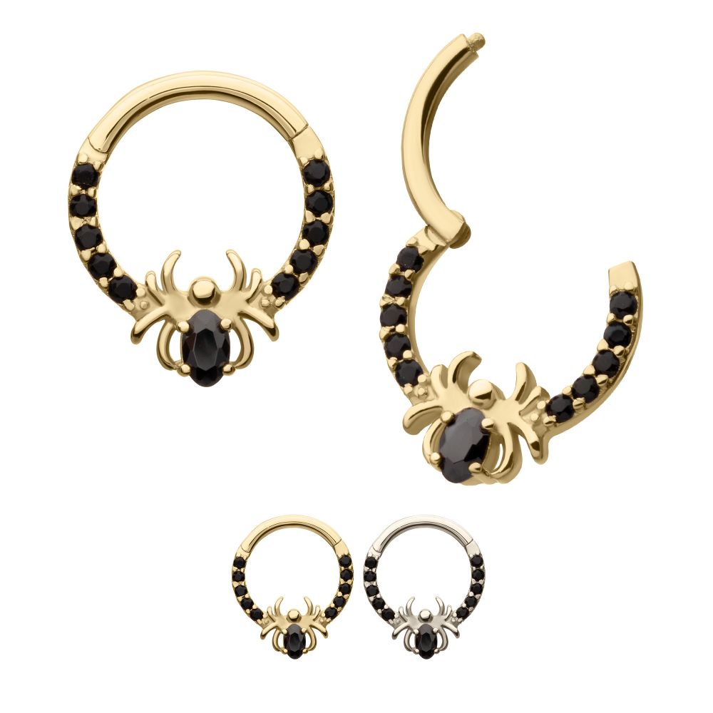 14Kt Gold Gem Hoop with Prong Set Black Gem Spider Front Facing Hinged Segment Clicker