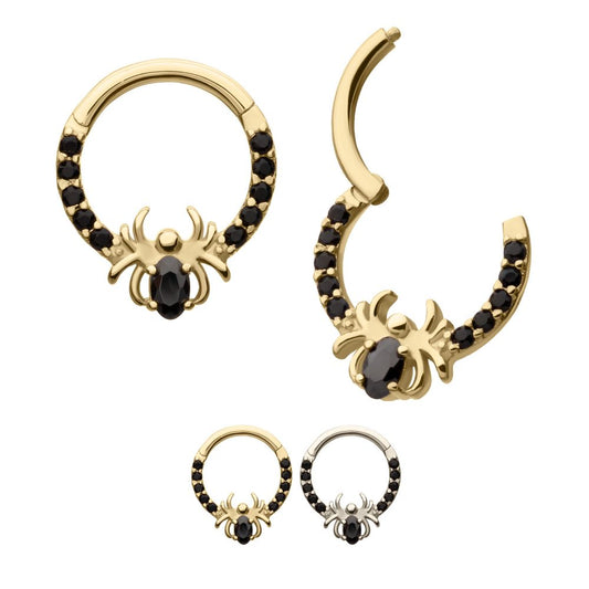 14Kt Gold Gem Hoop with Prong Set Black Gem Spider Front Facing Hinged Segment Clicker