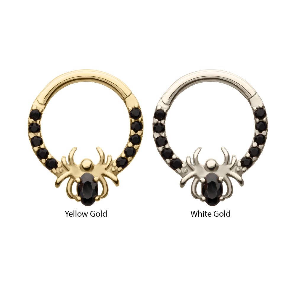 14Kt Gold Gem Hoop with Prong Set Black Gem Spider Front Facing Hinged Segment Clicker