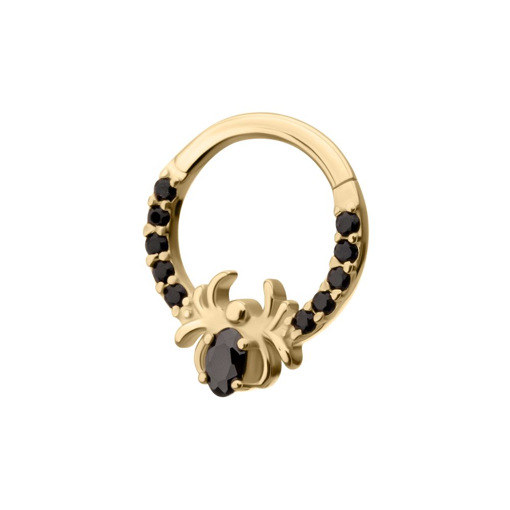 14Kt Gold Gem Hoop with Prong Set Black Gem Spider Front Facing Hinged Segment Clicker