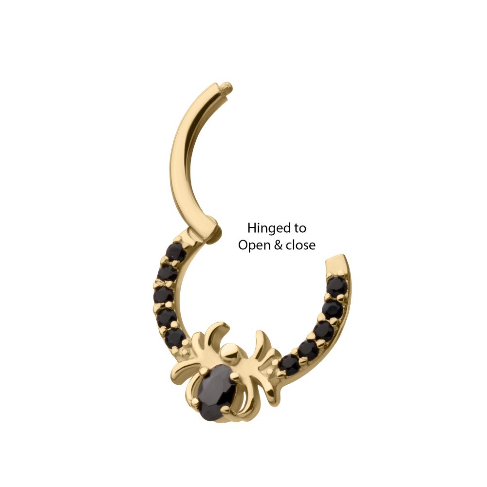 14Kt Gold Gem Hoop with Prong Set Black Gem Spider Front Facing Hinged Segment Clicker