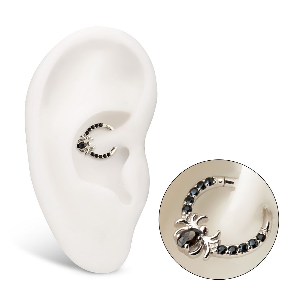 14Kt Gold Gem Hoop with Prong Set Black Gem Spider Front Facing Hinged Segment Clicker