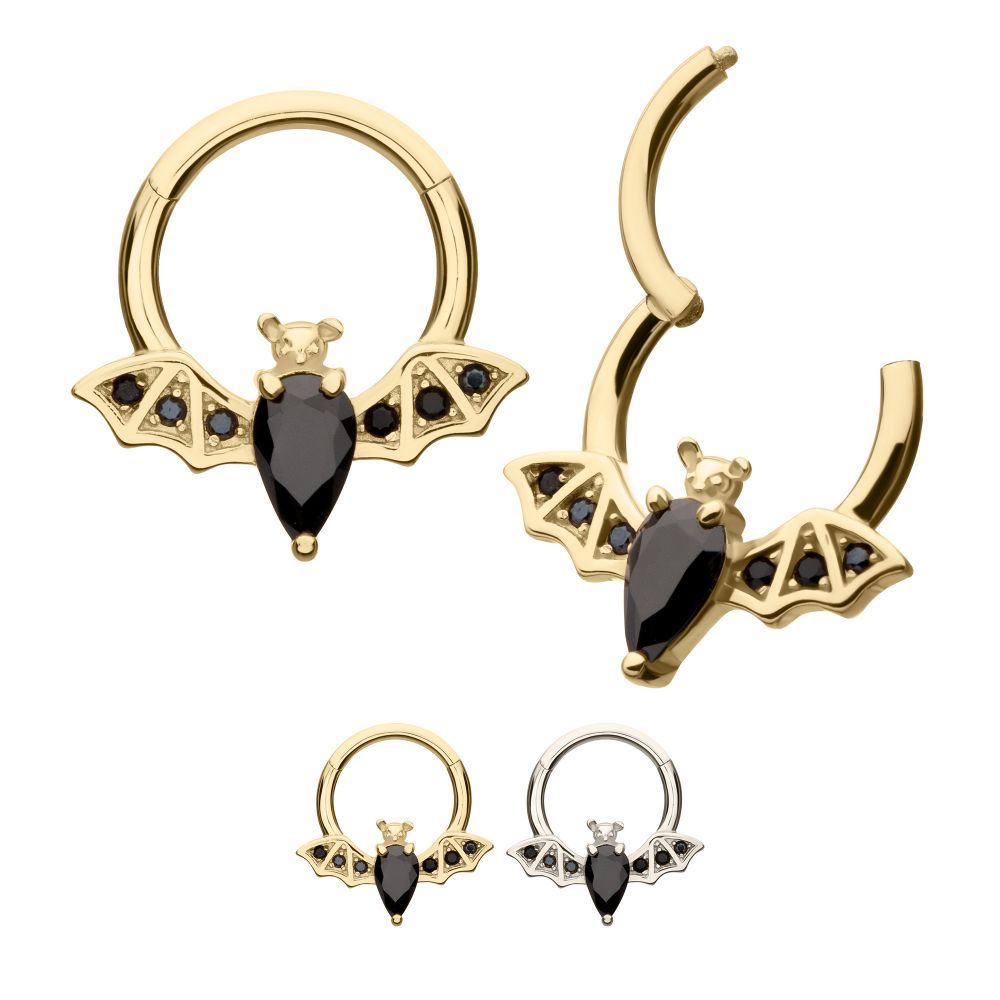 14Kt Gold Flying Bat with Prong Set Black Gem Front Facing Hinged Segment Clicker