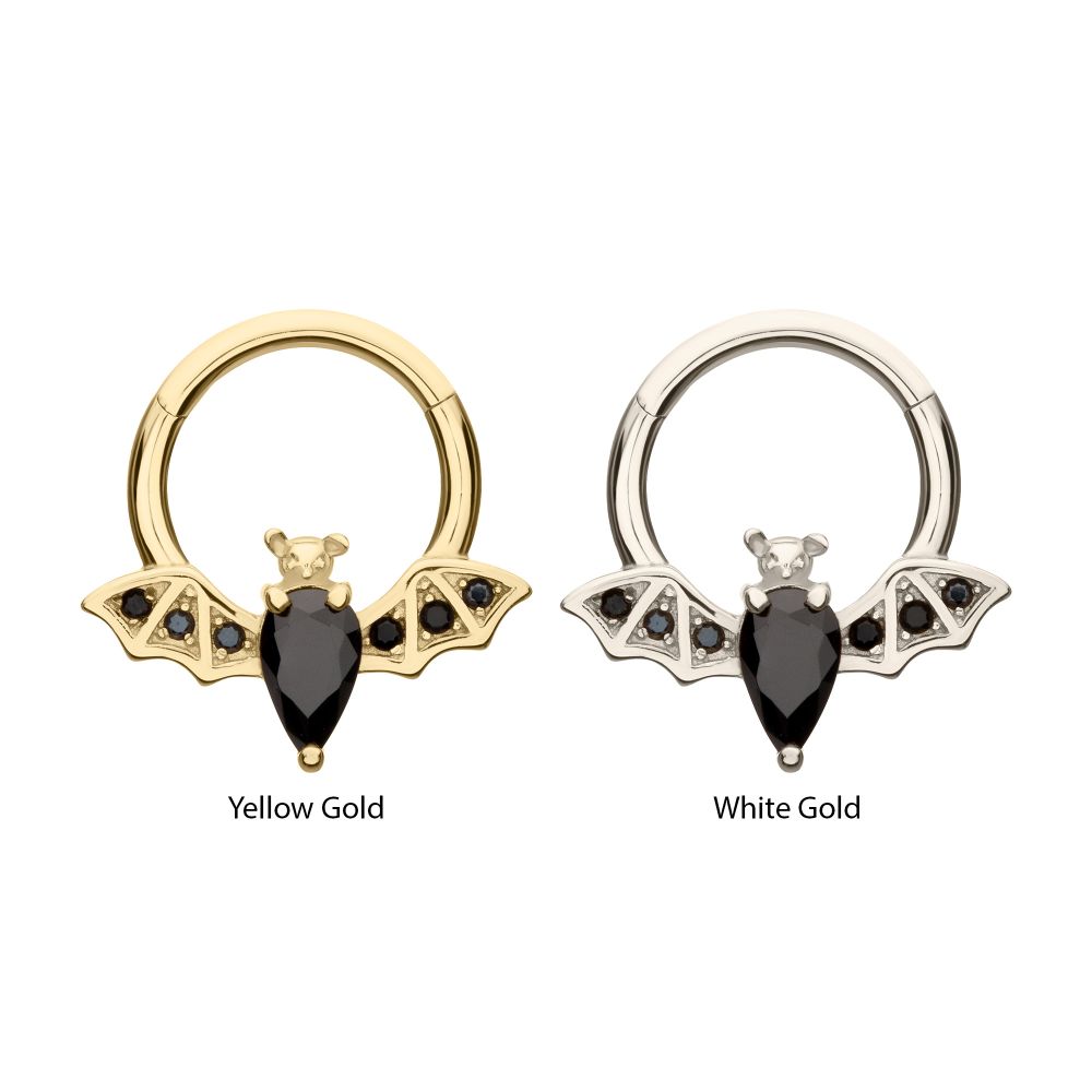 14Kt Gold Flying Bat with Prong Set Black Gem Front Facing Hinged Segment Clicker