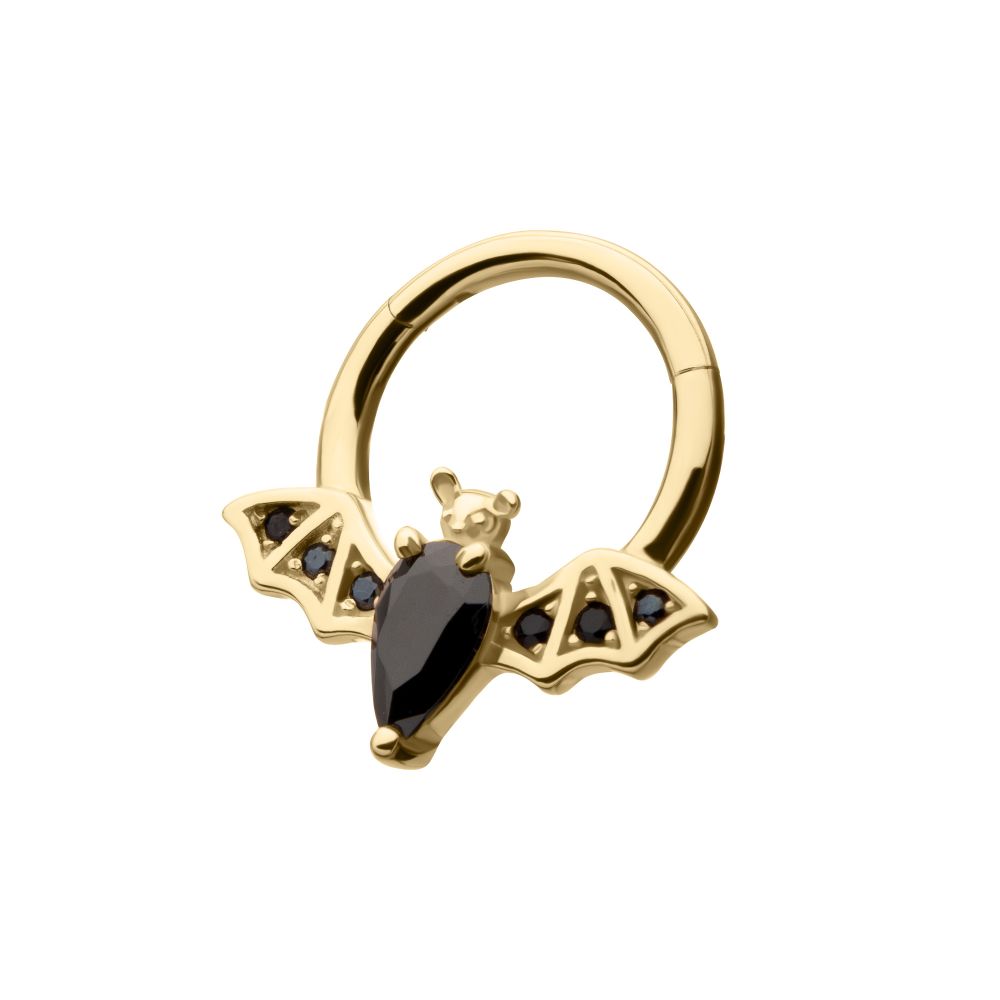 14Kt Gold Flying Bat with Prong Set Black Gem Front Facing Hinged Segment Clicker