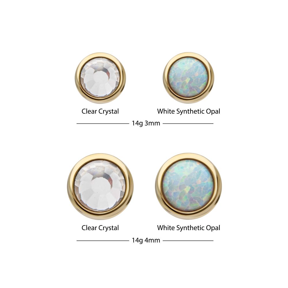 14Kt Yellow Gold Internally Threaded Bezel Set Flat Bottom Clear Crystal/Low Profile Opal Top Dermal