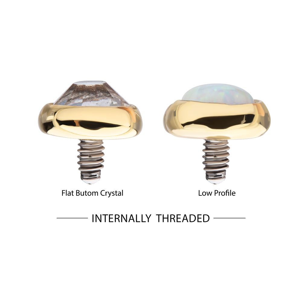 14Kt Yellow Gold Internally Threaded Bezel Set Flat Bottom Clear Crystal/Low Profile Opal Top Dermal