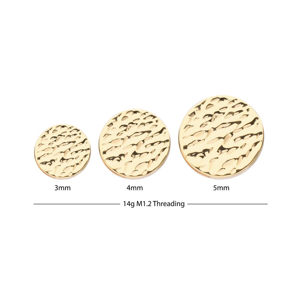 14Kt Yellow Gold Internally Threaded Hammered Disk Top Dermal