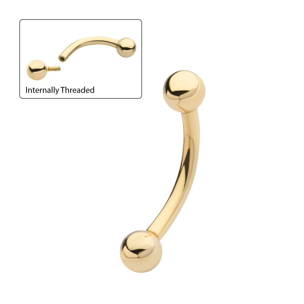 14Kt-Yellow Gold Curved Barbell with One Side Internally Threaded and One Side Fixed Ball End